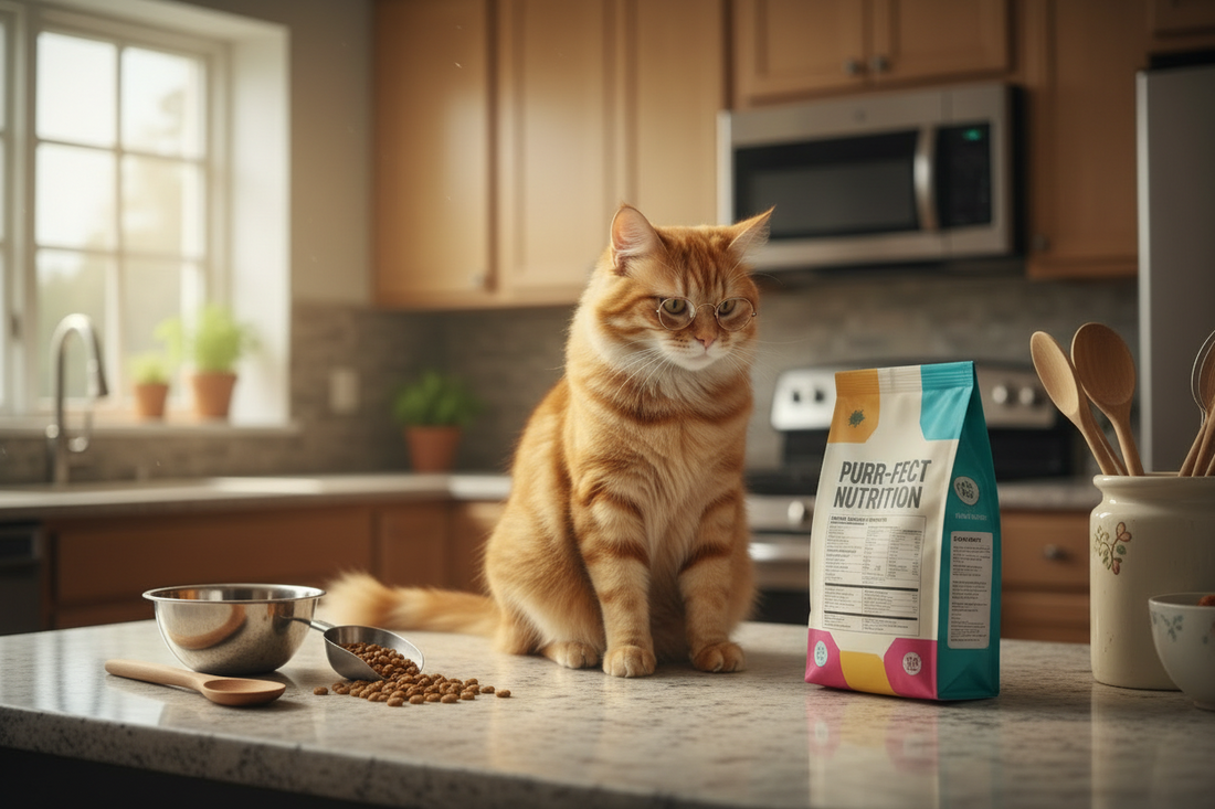 A cat sitting beside a bowl next to a cat food bag, with the label visible