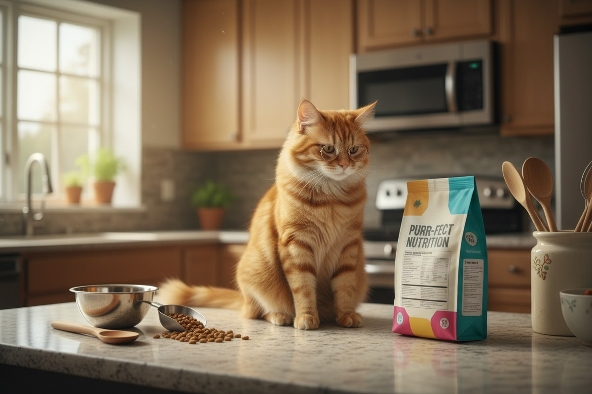 A cat sitting beside a bowl next to a cat food bag, with the label visible